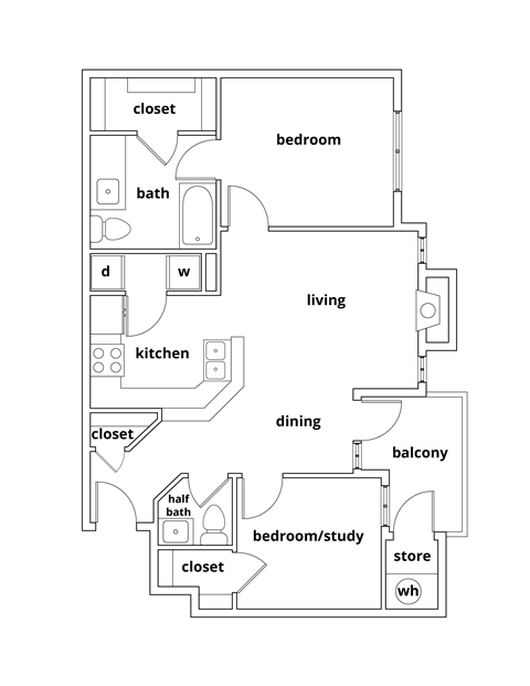 Floor plan for 2 beds, 2 baths, 928 sqft